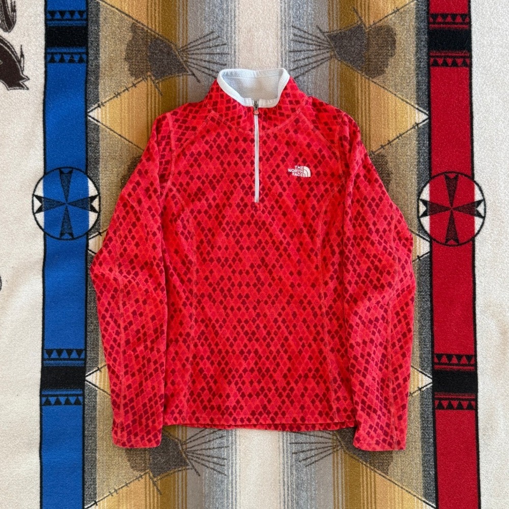 The North Face TKA 100 Fleece Pullover Red Diamond Print Quarter Zip Womens S